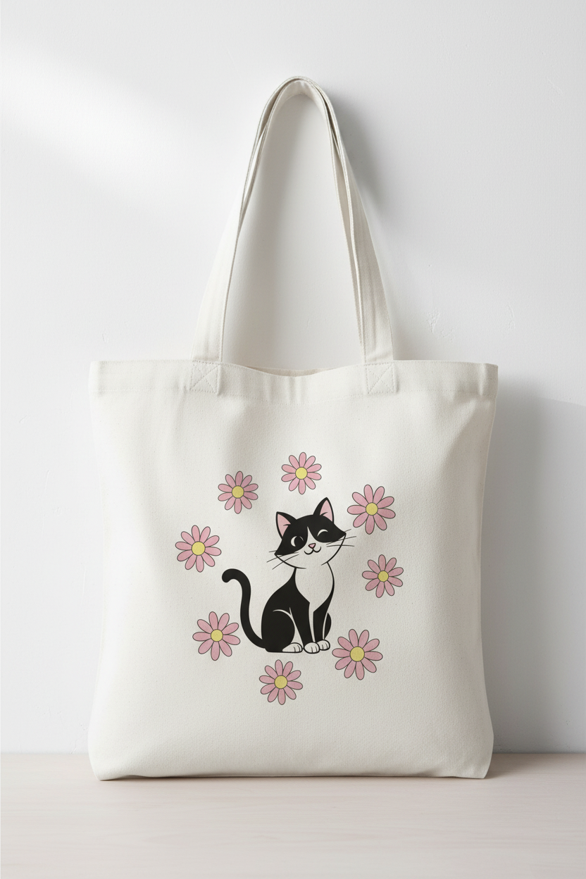 Tote Bag Chat Rose & Pâquerettes