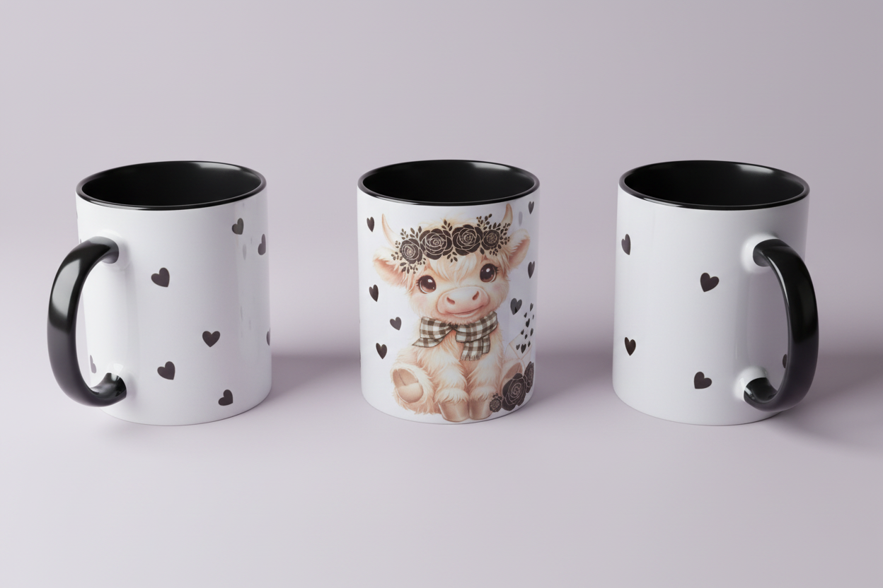 Mug Highland Cow Cœurs Noirs